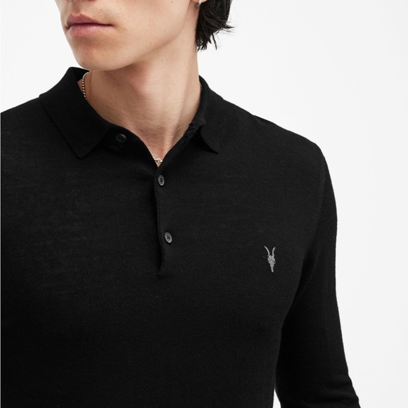 ALL SAINTS Mode Merino Long Sleeve Polo Shirt - Picture 3 of 8